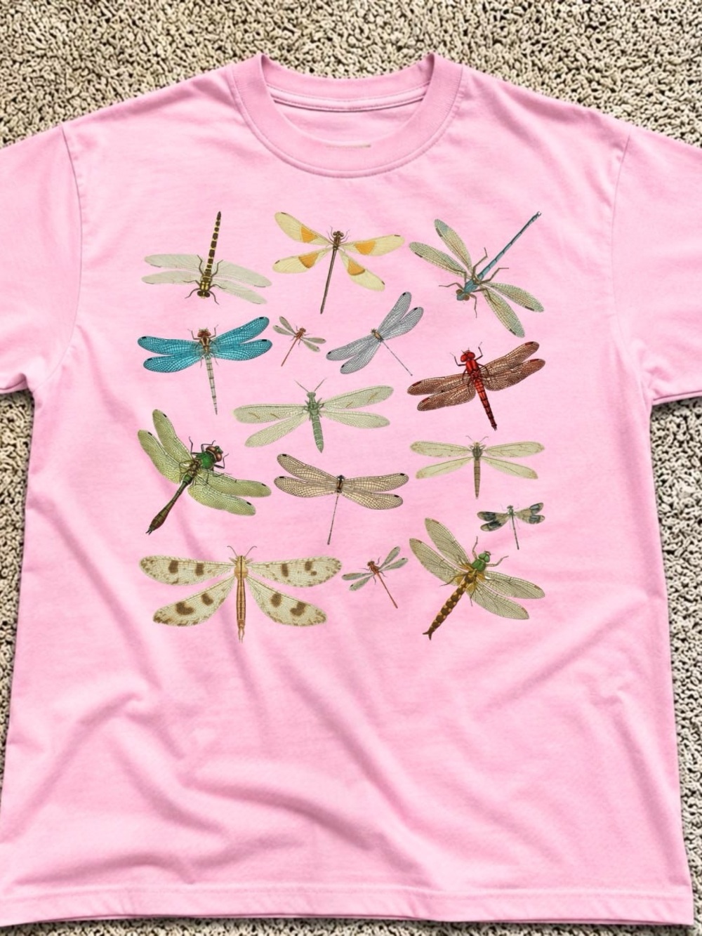 Gildan Pink Tee with Colorful Dragonfly Print